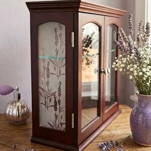 Vintage Floral Wood Glass Jewelry Box Cabinet